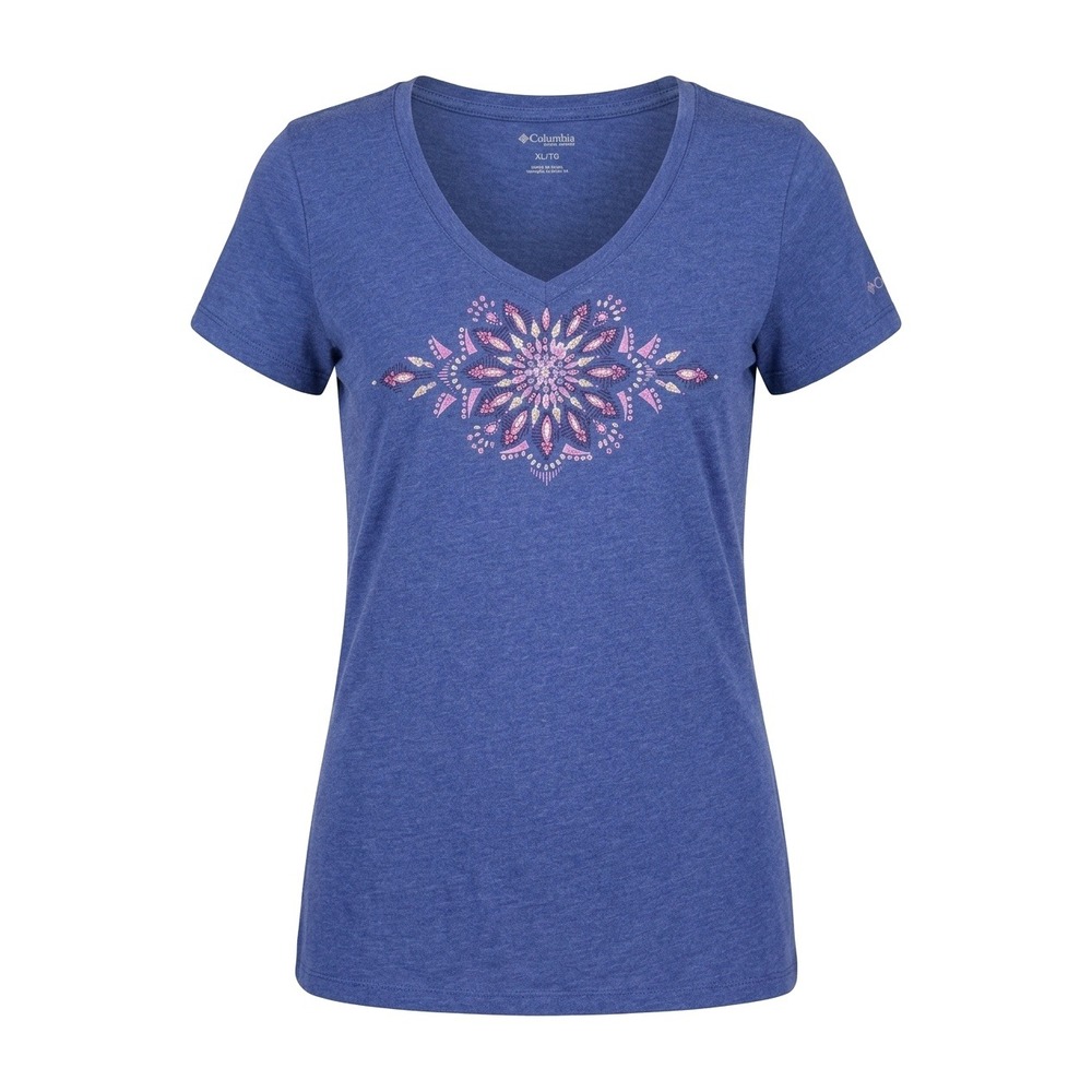 Columbia Womens XL V-Neck Graphic T-Shirt Blue Purple Mandala Short Sleeve Tee